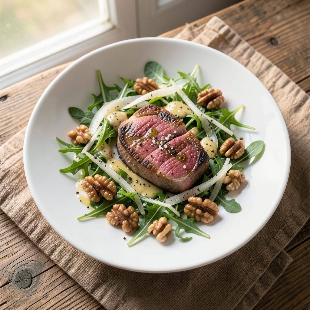 Beef Fillet Salad Recipe: Seared Rare Steak with Crispy Arugula Bite