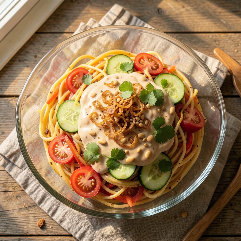 Asian Spaghetti Salad Recipe: Crunchy Noodles With Tangy Peanut Dressing