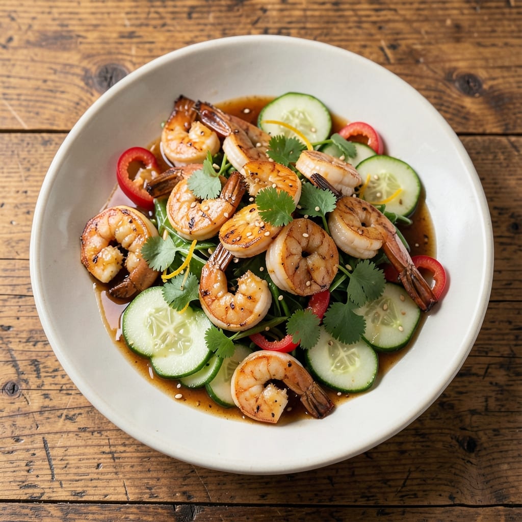 Asian Grilled Shrimp Salad Recipe: Smoky Garlic-Lime Shrimp Over Crunchy Rice Noodles